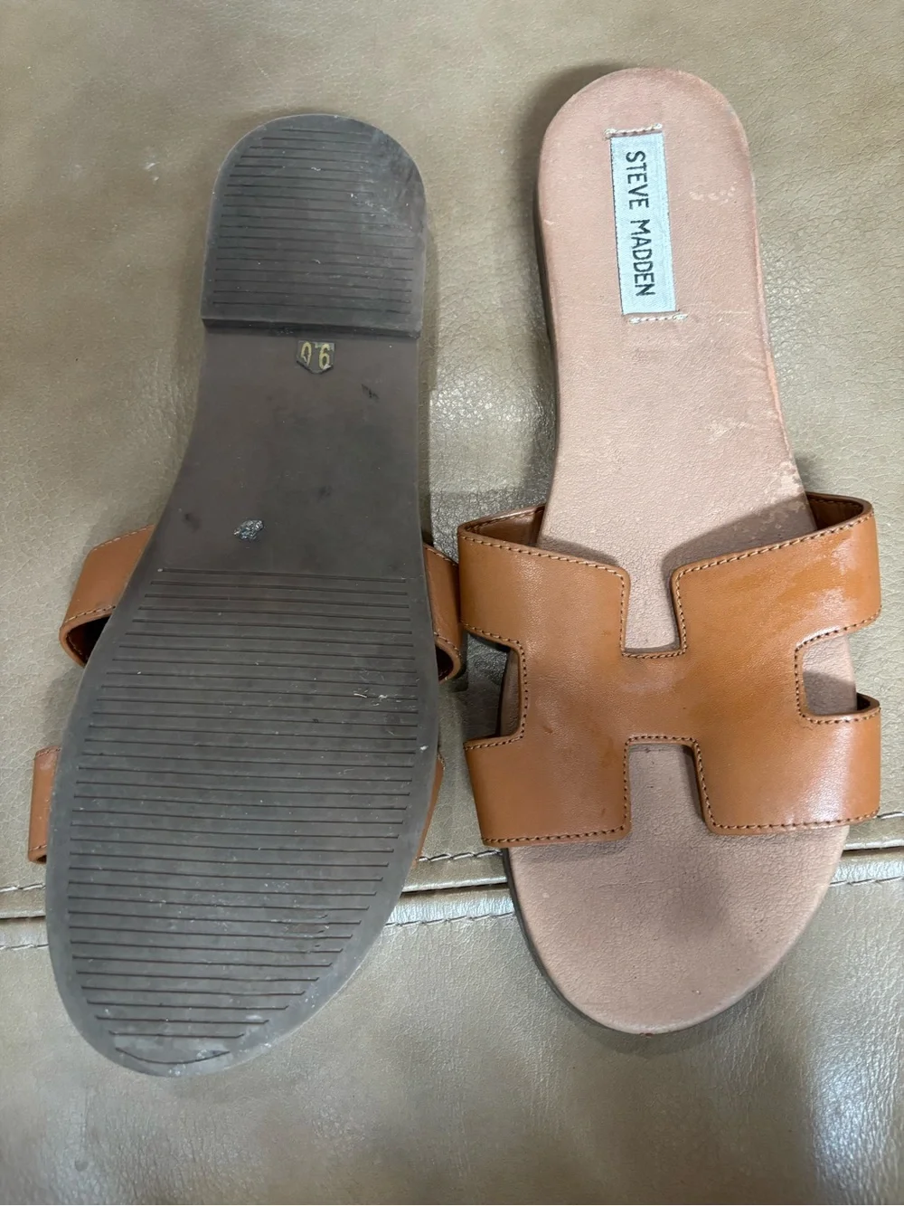 Steve Madden Cognac Brown Leather Slide Sandals